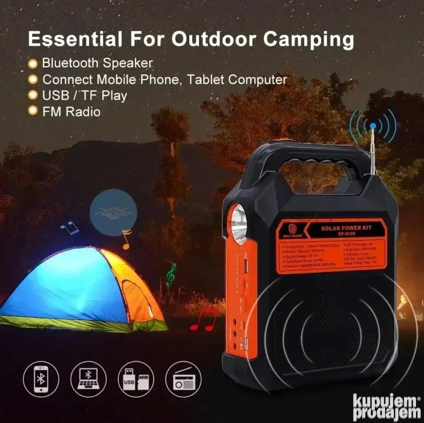 Solarna stanica | Punjač + LED svetlo + FM radio + MP3 + Bluetooth