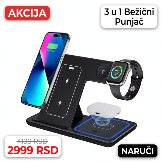3 u 1 Bežični Punjač – Multifunkcionalni 15W Držač i Brzi Bežični Punjač