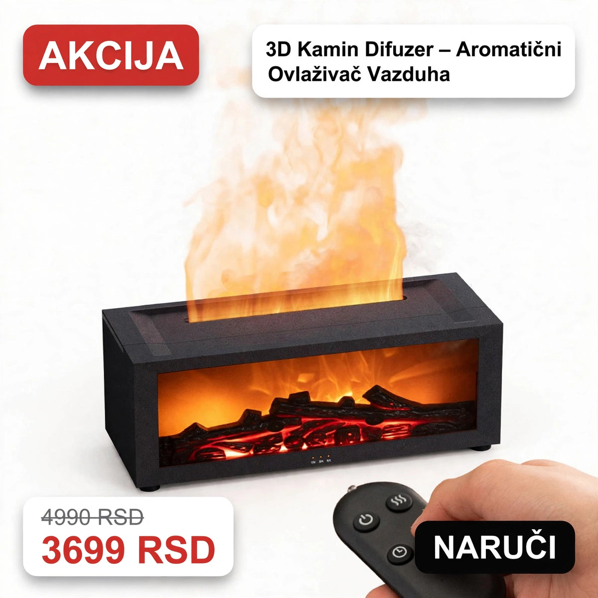 3D Kamin Difuzer – Aromatični Ovlaživač Vazduha sa Efektom Plamena
