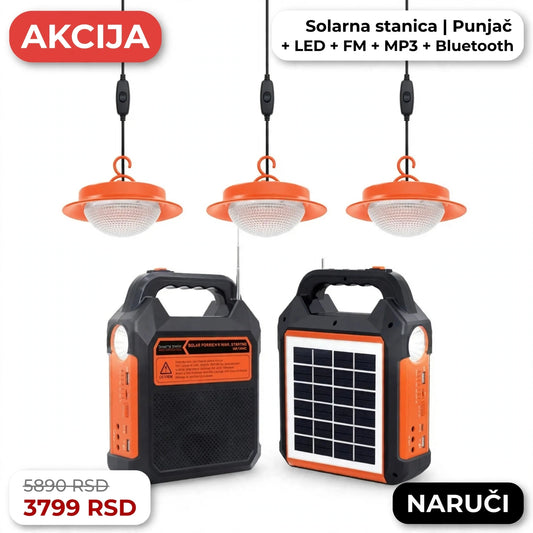 Solarna stanica | Punjač + LED svetlo + FM radio + MP3 + Bluetooth