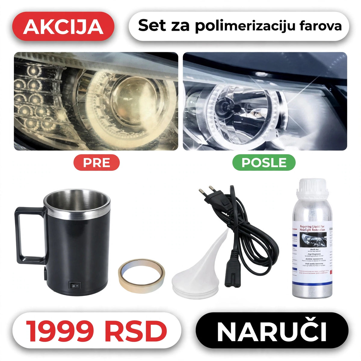 Set za reparaciju farova automobila | Polimerizacija i obnova sočiva za bolju vidljivost