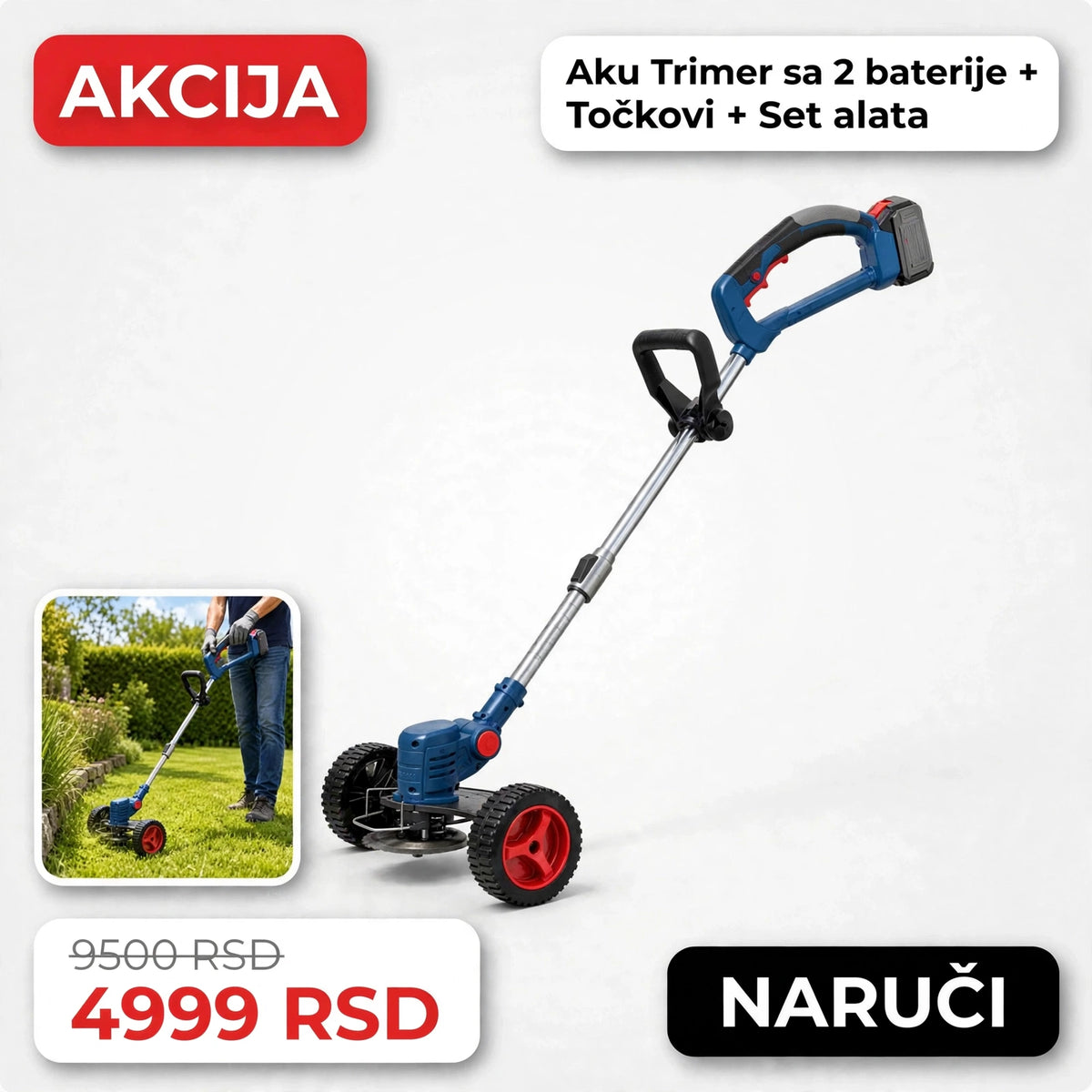 Aku Trimer sa 2 baterije + Točkovi + Set alata